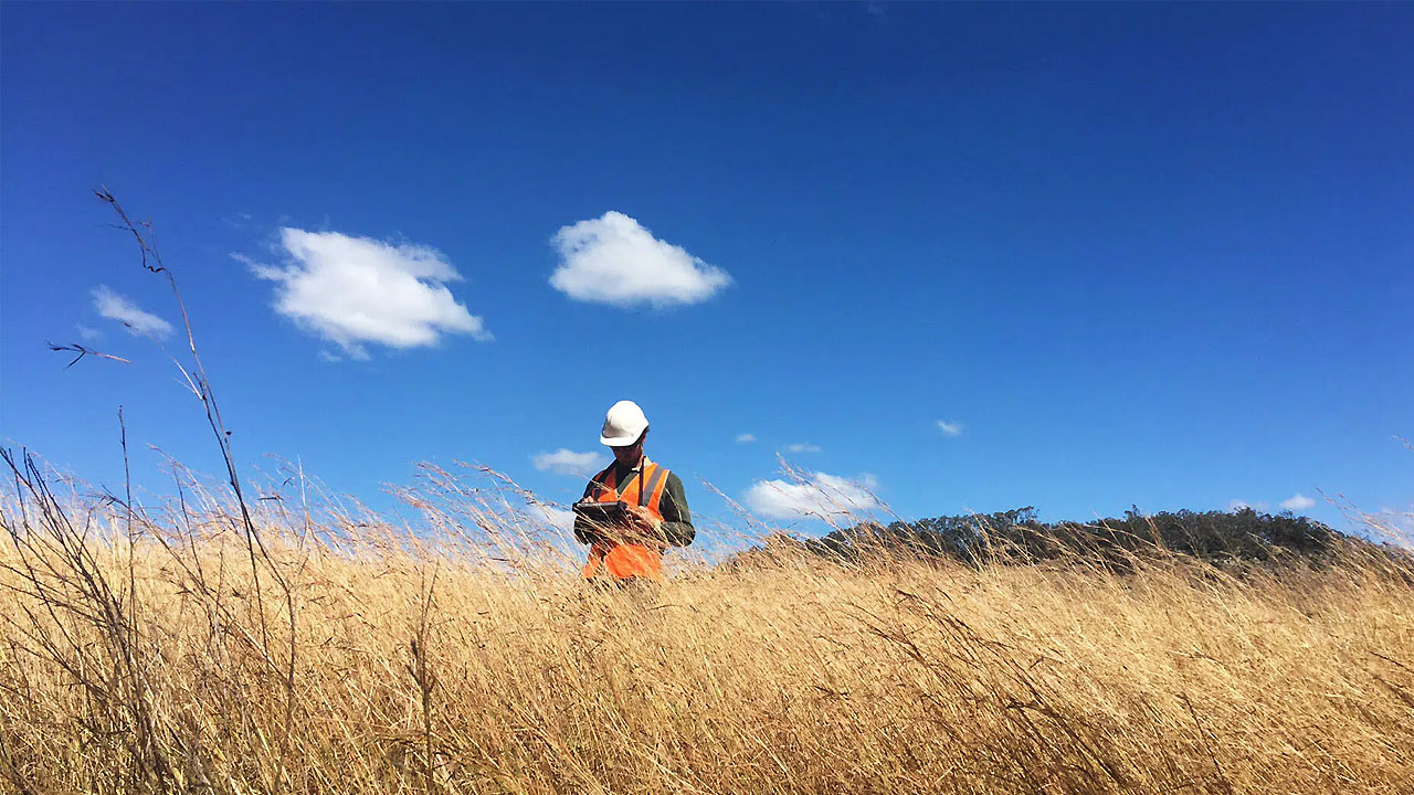 A person in a hard hat surveys a field