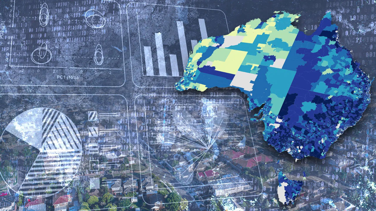 Digital data visualization overlaying Australia with a map next to charts and binary codes