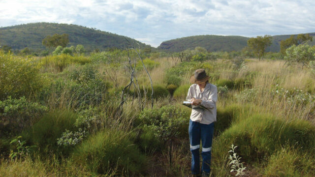 Person in hat writing notes while standing in grassy field with hills in background