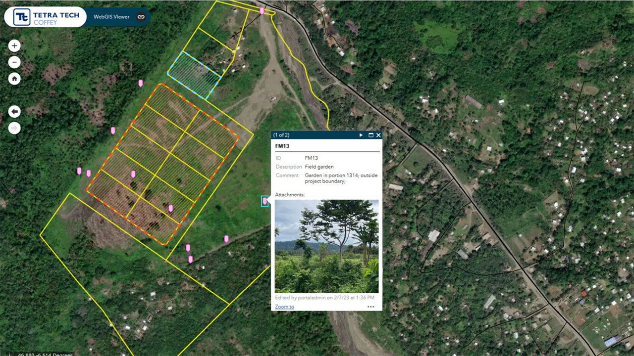 Satellite map with highlighted fields and a pop-up displaying field information around the boundary of the project