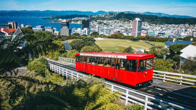Bright red Wellington cable car ascending the hillside with the city and harbor in the background