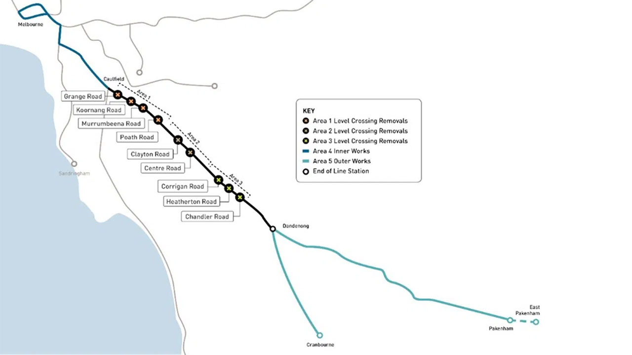 Digital render of the Caulfield to Dandenong rail map