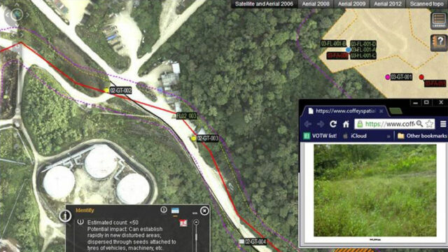 Aerial map with marked points, boundaries, and an inset window showing a website and vegetation image