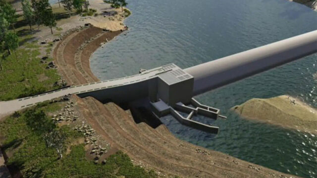 Render of Rookwood Weir, a mass concrete structure built across a river for regional water security