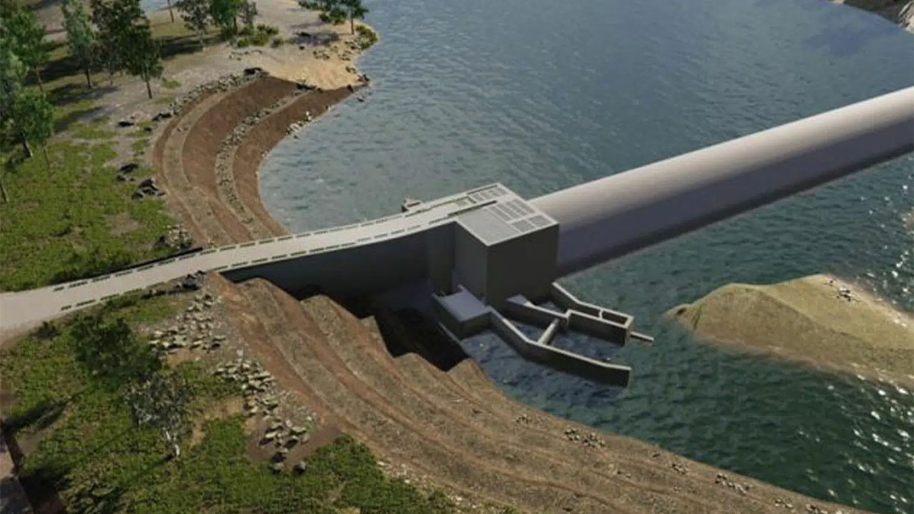 Render of Rookwood Weir, a mass concrete structure built across a river for regional water security